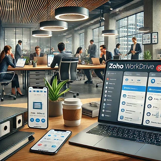 A realistic digital workspace featuring Zoho WorkDrive in action. A sleek laptop and smartphone display a cloud-based file management interface with real-time document editing, secure access controls, and integration with Zoho CRM. In the background, a diverse team collaborates in a modern, well-lit office, with some employees working in person while others connect remotely via video call. The organized workspace includes a desk with office supplies, a coffee cup, and a plant, emphasizing productivity and seamless teamwork